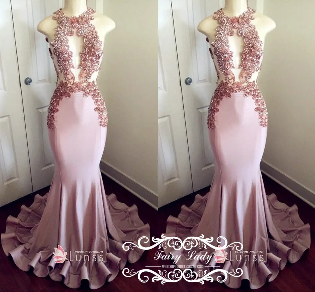 Chic Appliques Beaded Light Pink Prom Dresses For Women 2018 Illusion ...