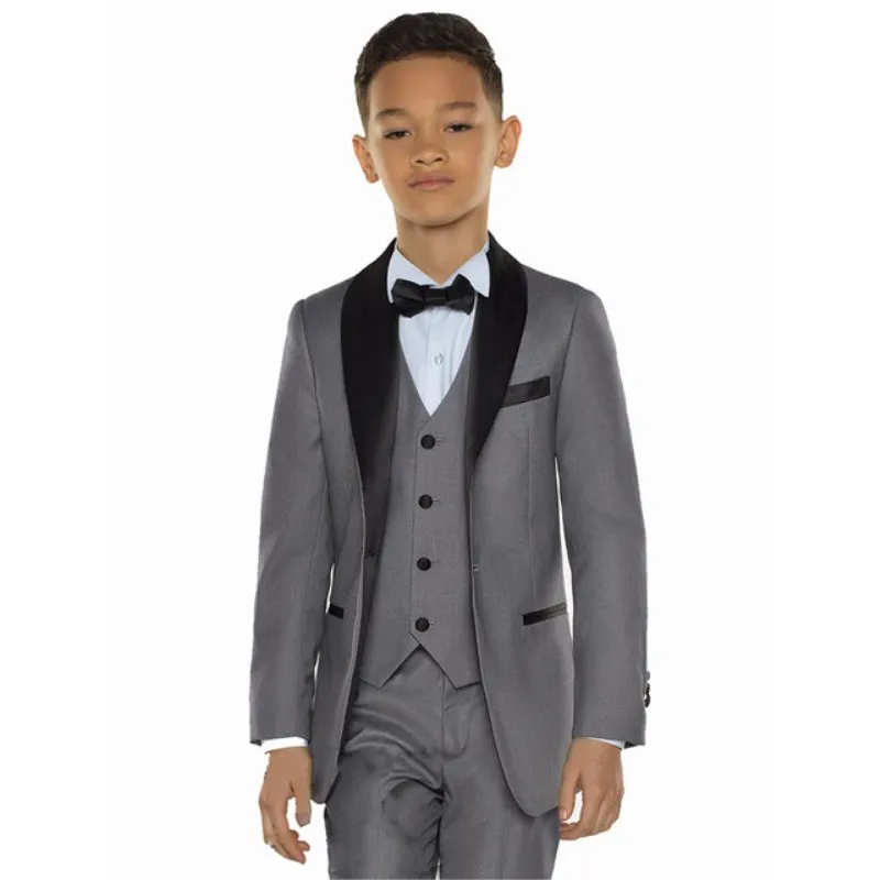 Shawl preto Tailored Feito Grey Boys Ternos Kids Ternos para Casamento Criança Set Prom Set 3 Peças (jaqueta + Calças + colete) Desgaste formal para crianças