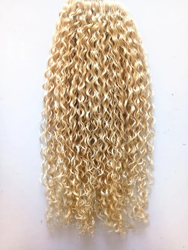 Brasiliansk Human Virgin Remy Blond Hår Curly Clip In Haft Weft Soft Double Drawn Hair Extensions Obehandlade