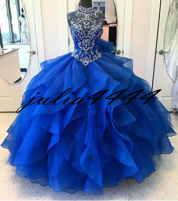 로얄 블루 Quinceanera 드레스 2019 겸손한 가장 무도한 공 드레스 비즈 달콤한 16 공주 소녀를위한 생일 착용을위한 7 명의 공주님 드레스