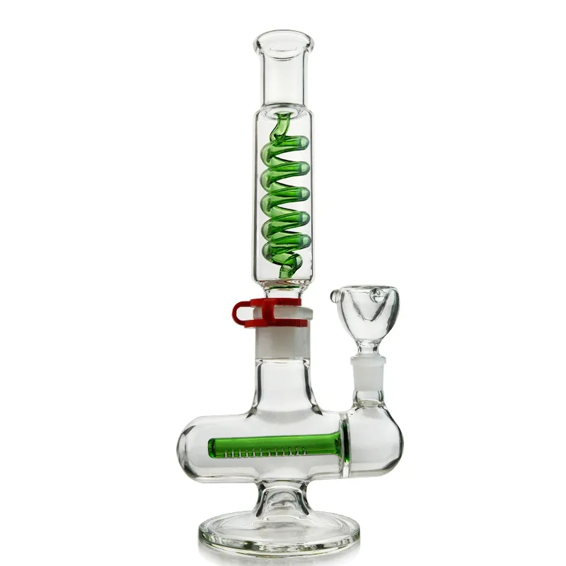 Green Blue Straight Tube Bong With Freezable Coil Inline Perc Build A Bong Glass Water Pipe Inverted T Bubbler Dab Oil Rig ILL06-07