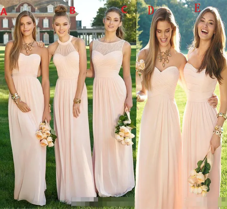 Abito lungo da damigella d'onore lungo blu scuro rosa scollo misto flusso in chiffon estivo blush damigella d'onore formale abiti da ballo di fine anno con volant HY17