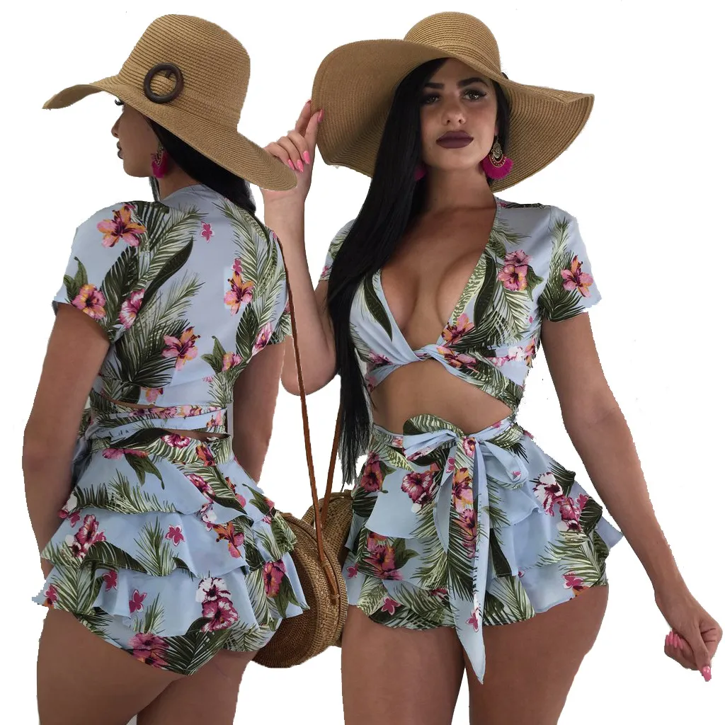2 pcs Sexy Colheita Tops E Shorts Conjuntos Das Mulheres Impresso Summer Board Férias de Praia Com Decote Em V Magro Bandage Vestidos Ternos Mulher