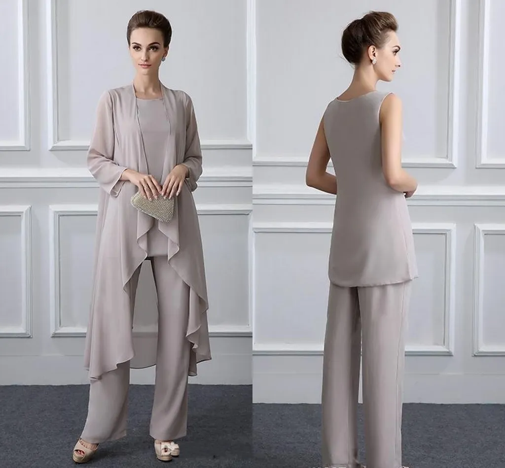 Elegant Mother Of The Bride Pant Suits With Jacket Chiffon Beach Wedding Guest Groom Dresses Cheap Mothers Outfit Long Garment