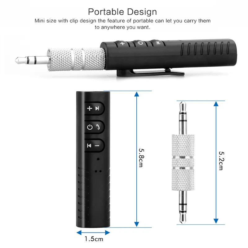 Clip-on Wireless AUX Bluetooth Receiver Car Headphone Speaker 3.5mm Bluetooth Audio Music adapter with Mic PP PACKAGE 