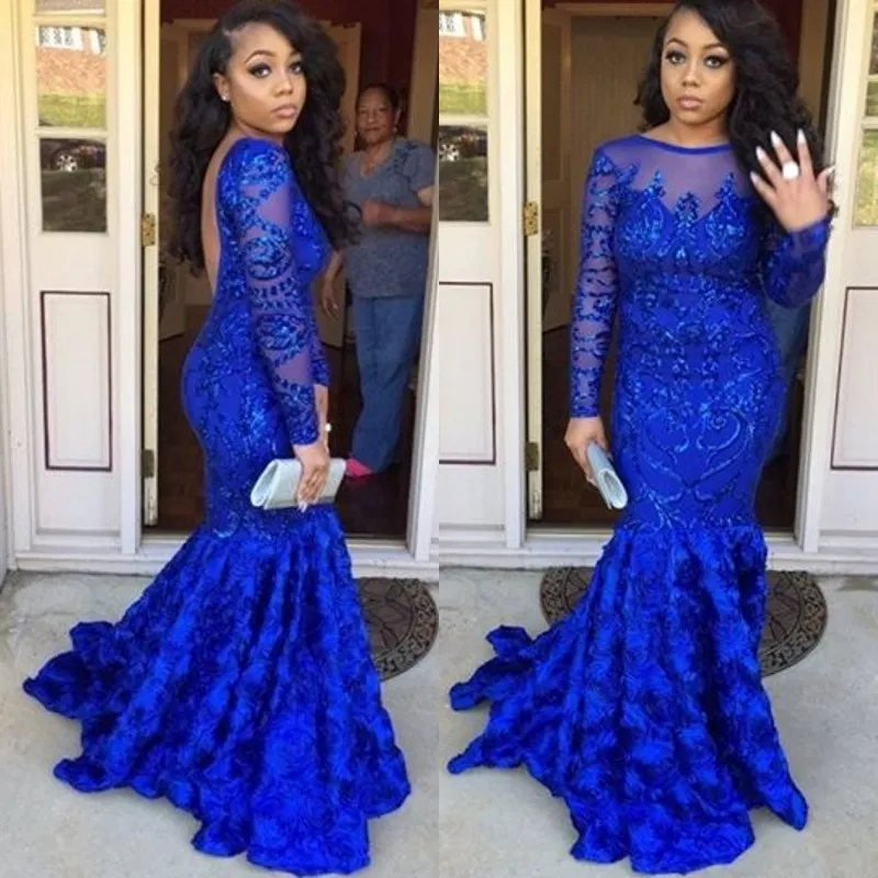 Royal Blue Mermaid Prom Dresses Fashion Sheer Neckline Long Sleeves Lace Applique Party Dress Sexy Backless Sweep Train Celebrity Prom Dress