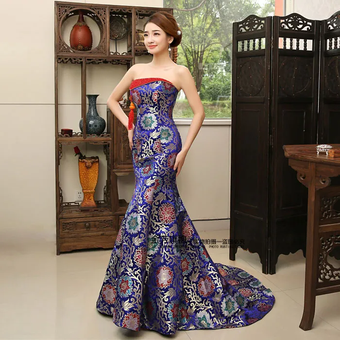 Chinese style evening wedding gown long style women Charming Sexy Qipao blue and red cheongsam Oriental costume trailing Modern party dress