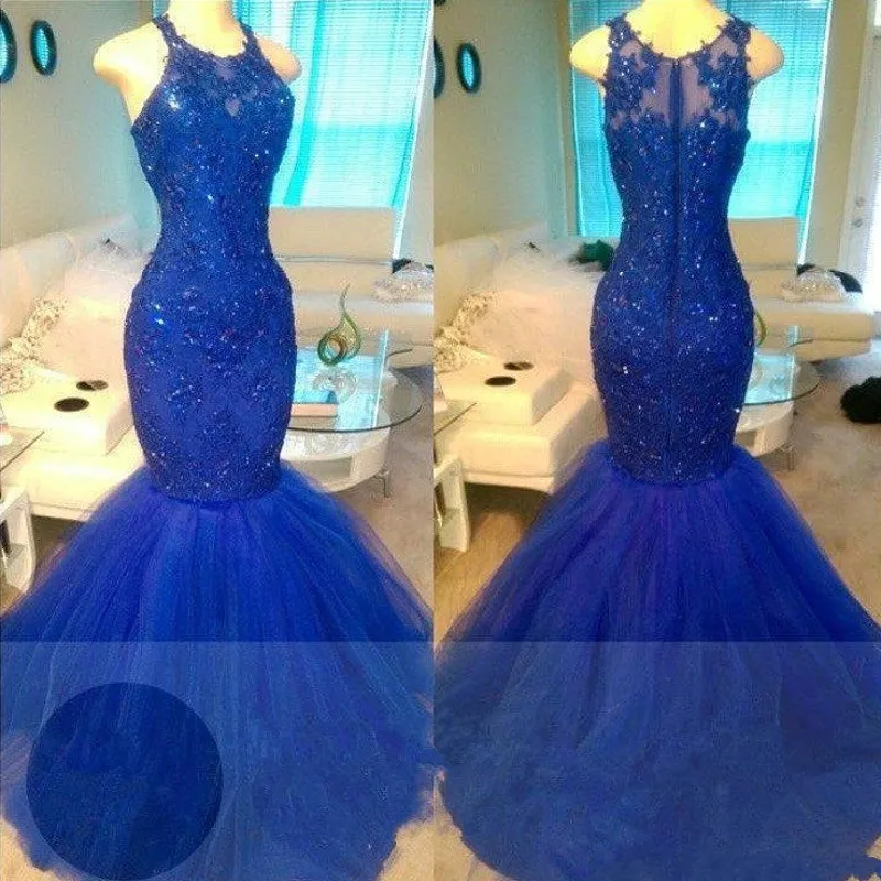 Royal Blue Prom Jurken Jewel Pailletten Kant en Tule Mermaid Avondjurken Rits Back Sheer Puffy Cocktail Party Jurken Vestidos