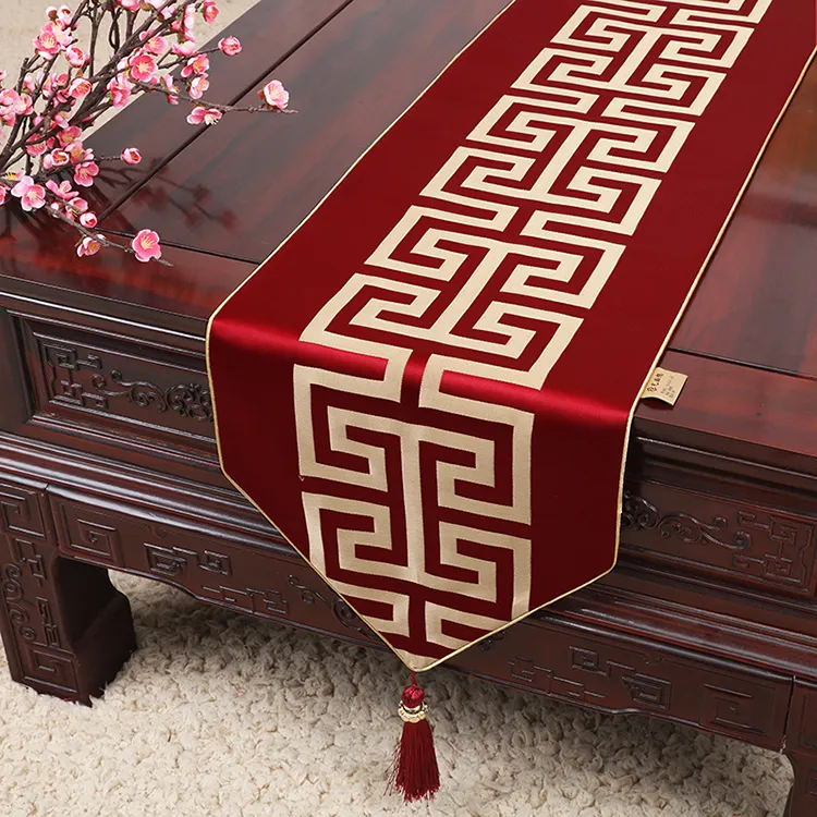 Dernier chemin de Table en Satin de soie à géométrie Jacquard, décoration de luxe pour dîner de mariage, nappe rectangulaire, tapis de Table chinois 200x33 cm