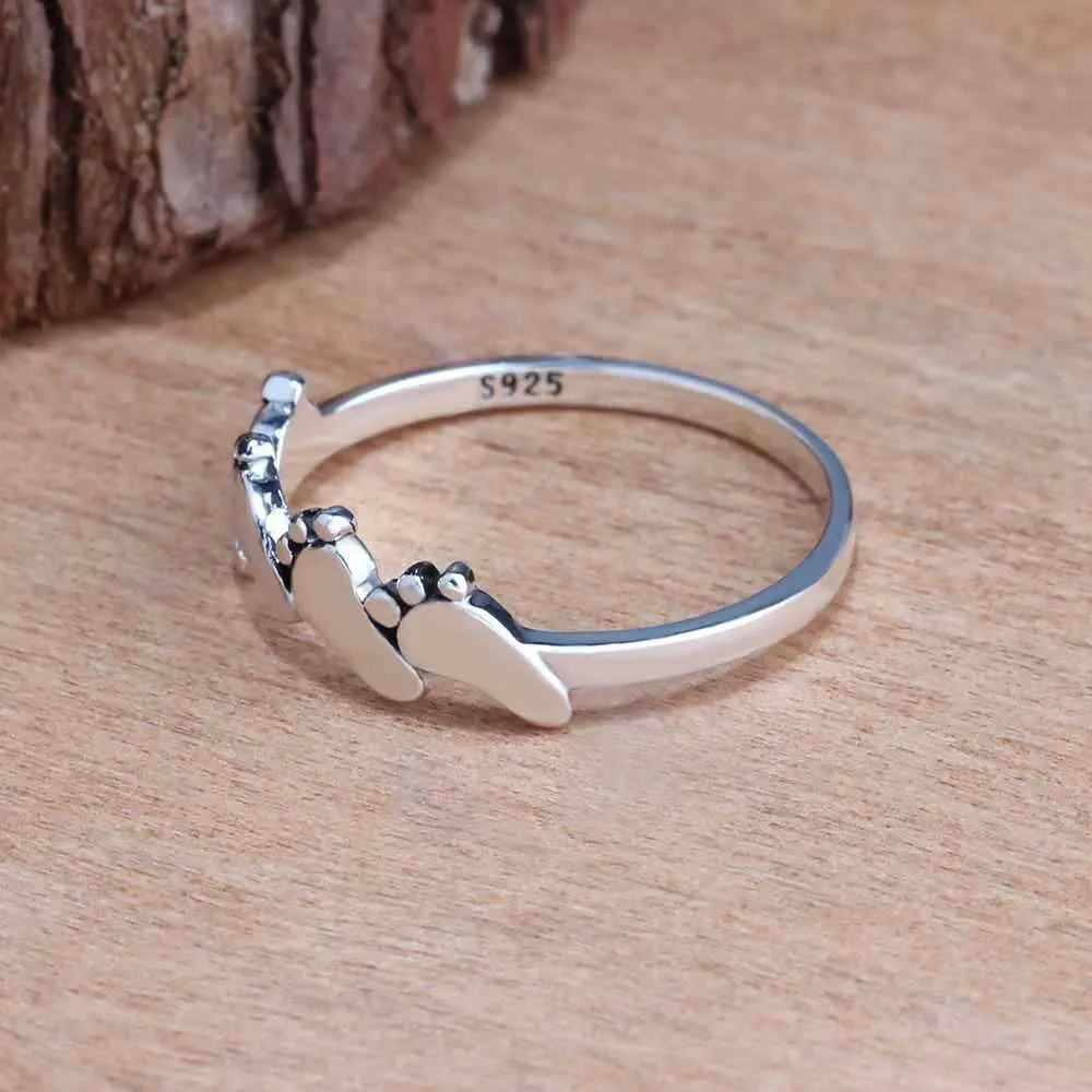 6 Mischen Sie niedliche Baby Fußdruck 925 Sterling Silber Ring Footprint Design Oxidierter Zehen einfach