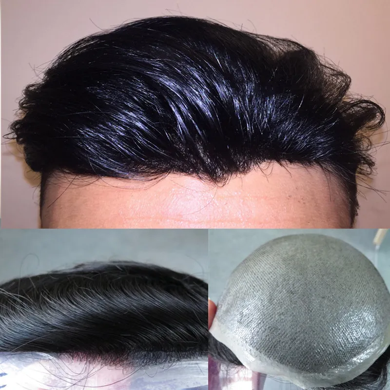 슈퍼 얇은 스킨 망 toupee 남자 교체 시스템을위한 검은 전체 펍 toupee 헤어 피스 인간의 머리카락 8x10inch 남자 머리