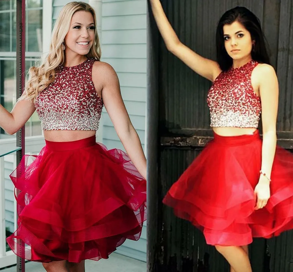 Duas peças vermelho curto vestidos de baile lantejoulas tule em camadas babados vestido de baile vestidos de baile borgonha vestidos de festa curtos