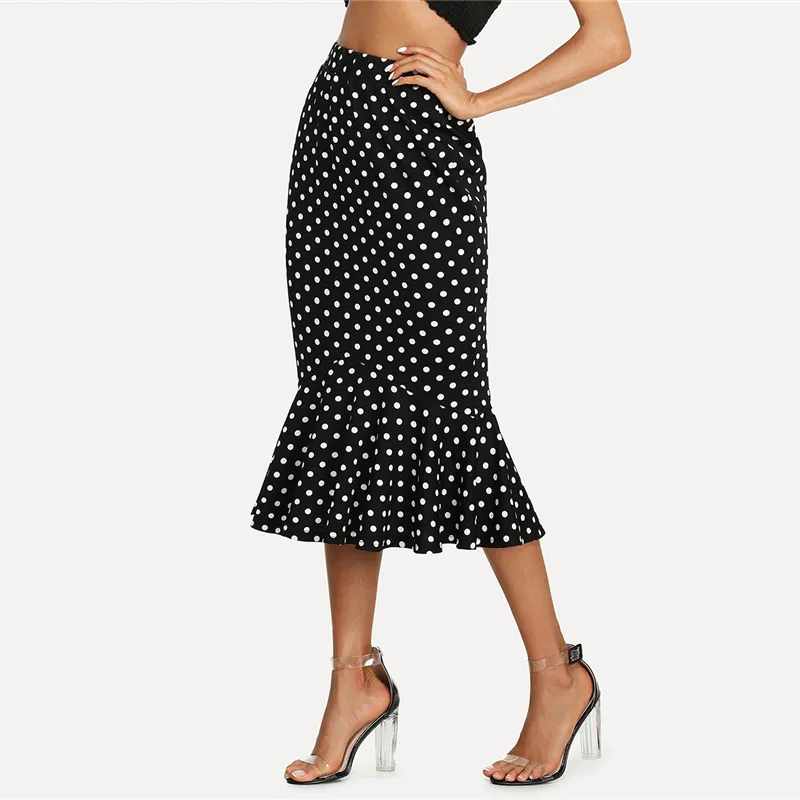 Plus Size Vintage Black White Polka Dot Ruffle Hem Fishtail Skirt Women Summer Mid Waist Casual Office Lady Streetwear Skirts