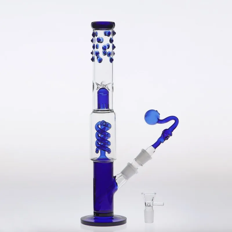 Straight Navy Blue Beaded Mouth Glass Smoking Pipe Bong Water Pipes Screw and dome Perc Hookahs Recycler Oil Rigs 100% Real Image