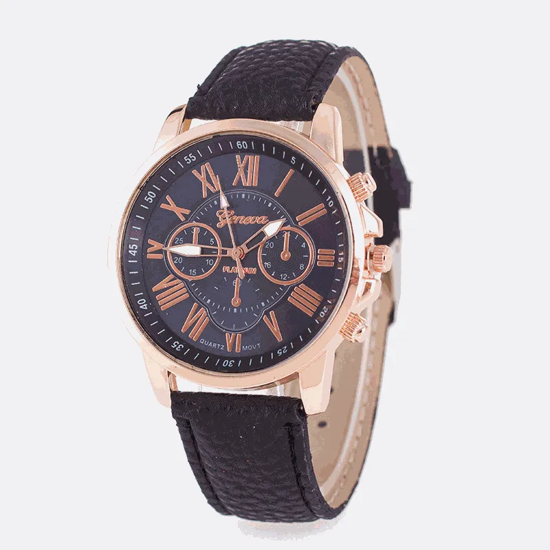 Unisex Classic Geneva Leder PU Quarz Legierung Zifferblatt Uhren für Männer Frauen Mode Roma Männer Studenten Casual Kleid Rose Gold Farben Armbanduhren Uhr Uhr