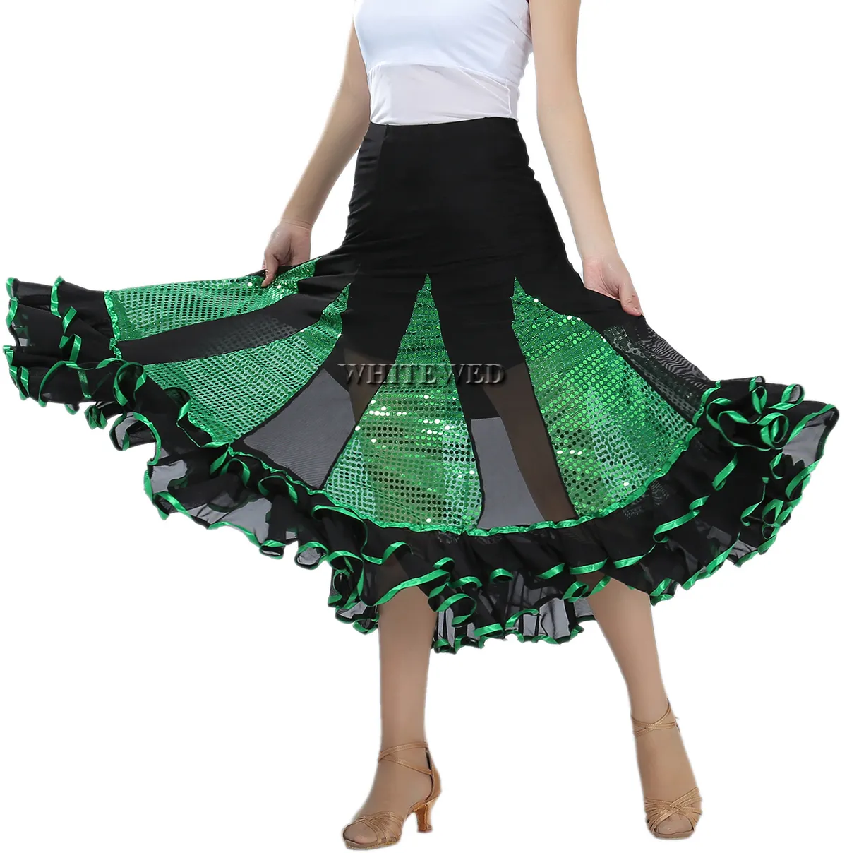 Whitewed Quickstep Folklorico Ballroom Jive Pratique Jupe Valse Danse À Volants Paillettes Longue Valse Latine Danse De Salon Cercle Tango Costumes