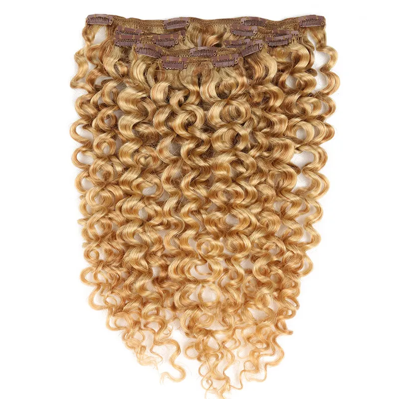 100g Brazilian Kinky Curly Blonde Color 613 Machine Made Remy Clip In Human Hair Extensions Thick Brazilian Hair 4b 4c