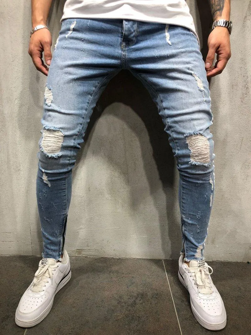 MENS Broken Pencil Dżinsy High Street Robin Blue Dżinsy White Stripe Chude Hole Denim Pants Asian Size280r