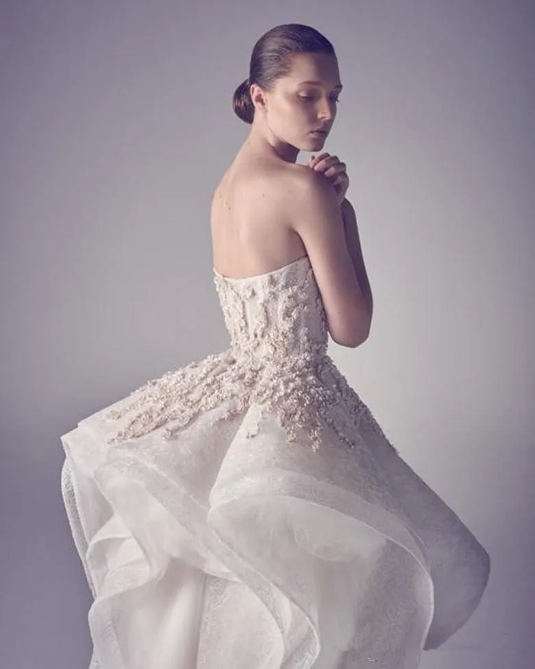 Krikor Jabotian High Low Beach Holiday Wedding Jurken Custom Make Strapless Lace Floral Ruffles Rok Bridal Reception Wedding Jurk