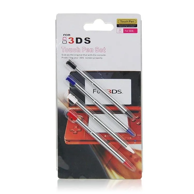 4PCS / Set Retractable Metal Stylus Touch Pen 4In1 Set med Blister Retail Packaging för 3DS högkvalitativt snabbfartyg