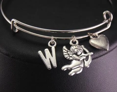 Vintage Silver Angel Wings Cupid Heart Letters A-Z Monogram Charm Bangles Expandable Wire Bracelet Bangles For Women Jewelry Gift Adjustable