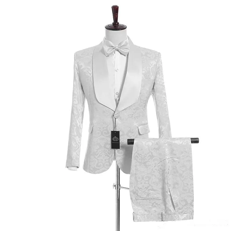 Dostosuj Biały Szal Lapel One Button Wedding Groom Tuxedos Mężczyźni Garnitury Ślub / Prom / Kolacja Best Man Blazer (Kurtka + Kamizelka + Kamizelka + Spodnie) N57