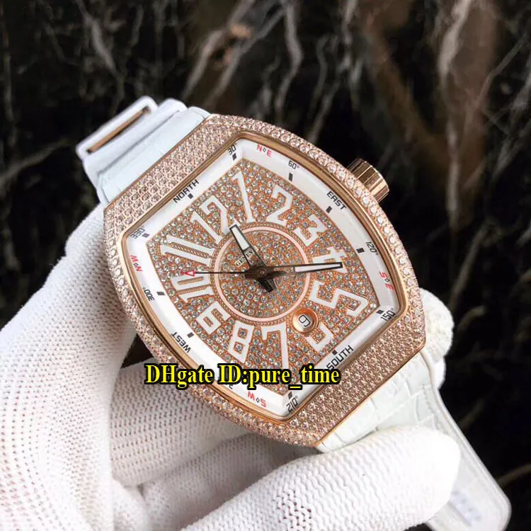 Vanguard horloge Beat Quality VANGUARD V 45 SC DT Gypsoph Dial Japan Miyota Automatic Mens Watch Rose Gold Caes Diamond Bezel White Leather Strap Watches