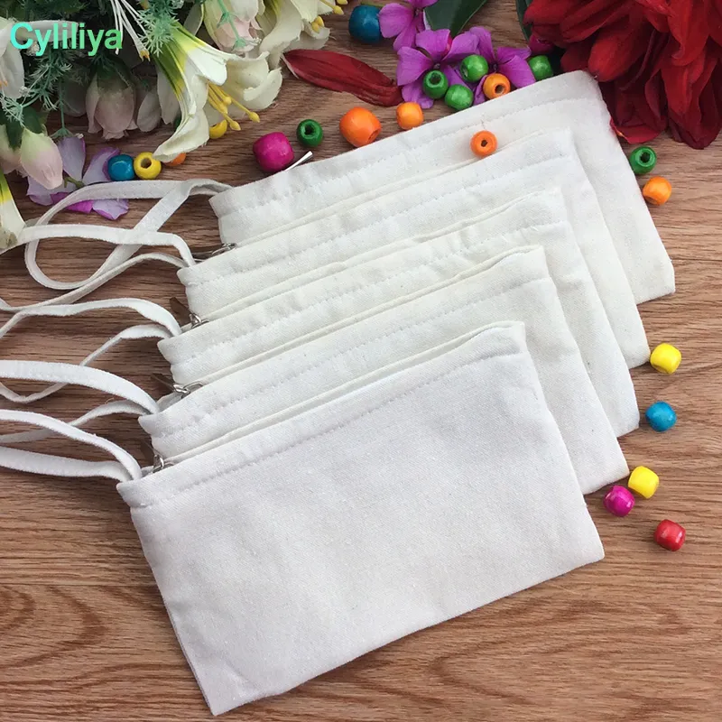 Two Layers white cotton canvas cosmetic Bags DIY women blank plain zipper makeup bag phone clutch bag handle organizer cases pencil pouch