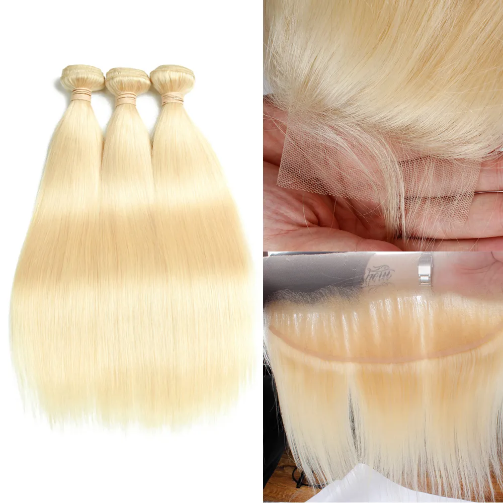 Indian Remy cabelo humano cabelo loiro 3 pacotes com 4 * 4 laço fechamento 13x4 frontal puro 613 cor wafts de cabelo em linha reta com fecho onda corporal