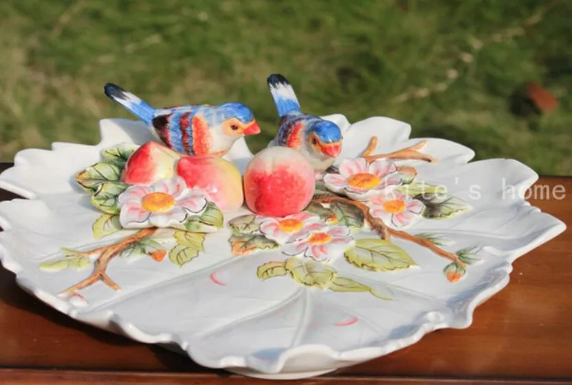 Pássaros de cerâmica branca pêssego frutas Doces De Armazenamento prato Sobremesa Lanche Salada prato decoração de casa decoração do casamento estatueta de artesanato