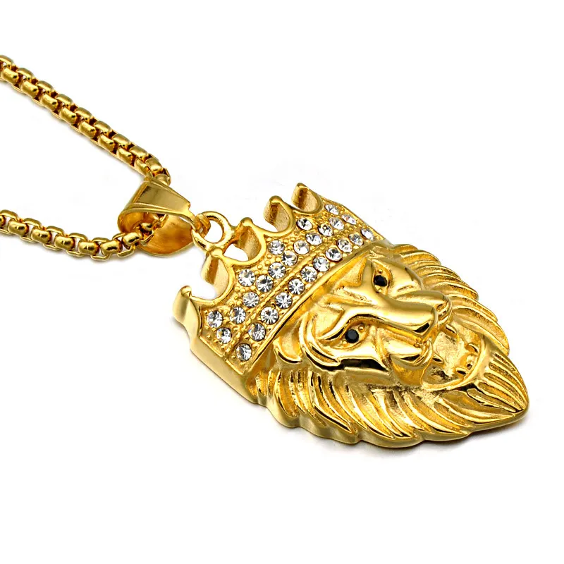 Colliers avec pendentif tête de Lion en acier inoxydable 316L, accessoires tendance Hip Hop, couronne pour hommes et femmes, bijoux Punk, goutte 219p