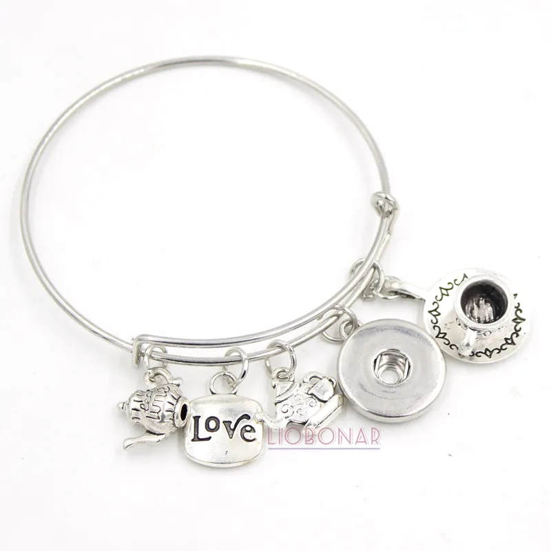 Groothandel Snap Sieraden Thee Armband Koffie Thee Cup Bedels Uitbreidbare Wire Bangle Drukknoop Armbanden voor Vrouwen Thee Minnaar Geschenken