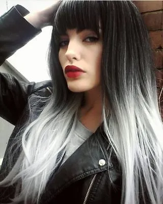 Black With Silver White Wig Long Straight Hair Cosplay Anime Full