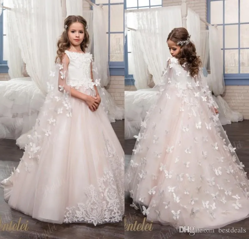 Robes de fille de fleur pour les mariages sur mesure princesse Tutu dentelle perles papillons enfants robes de première Communion