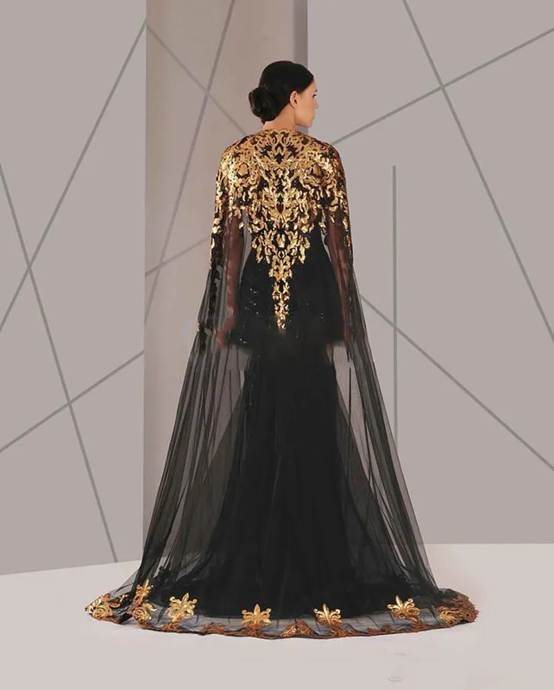 2018 Black Arabic Muslim Prom Dresses Tulle Cloak Gold and Black paljetter Crew Neck Plus Size Mermaid Formal Wear Long Pageant Prom7860846