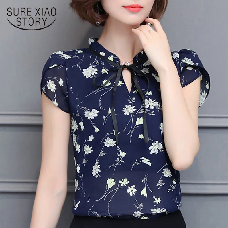 New 2018 Floral Chiffon Blouses Women Summer Tops And Shirts Bow Sweet Blouse Female Short Sleeve Clothing Feminina 0009 30