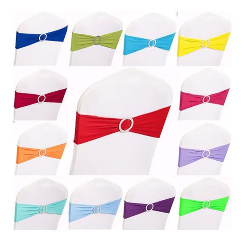 15 x 35 cm Multi Color Spandex Bröllopsstol Sashes Elastisk Avtagbar Med Runda Diamond Buckle Decor