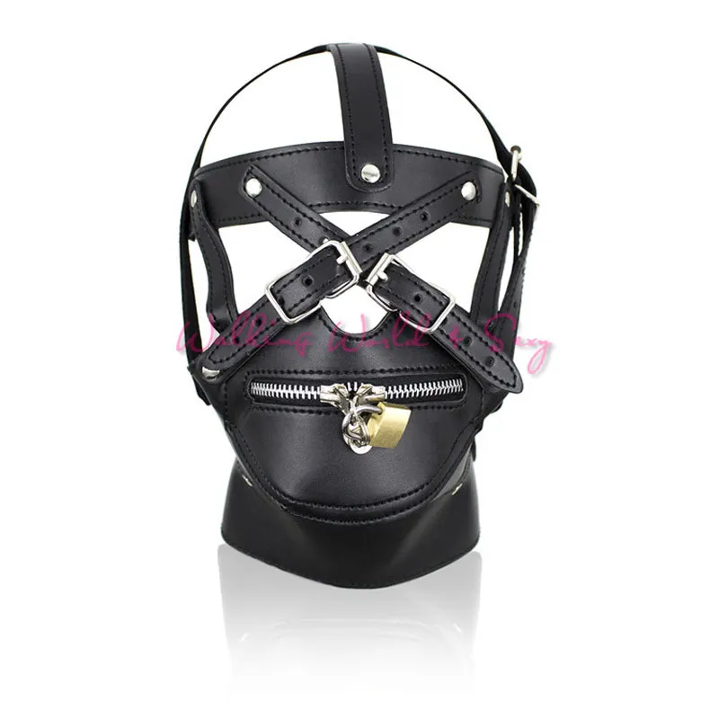 Adult Game Sex Toys Zipper Mouth Latex Pu Leather Mask Fetish  