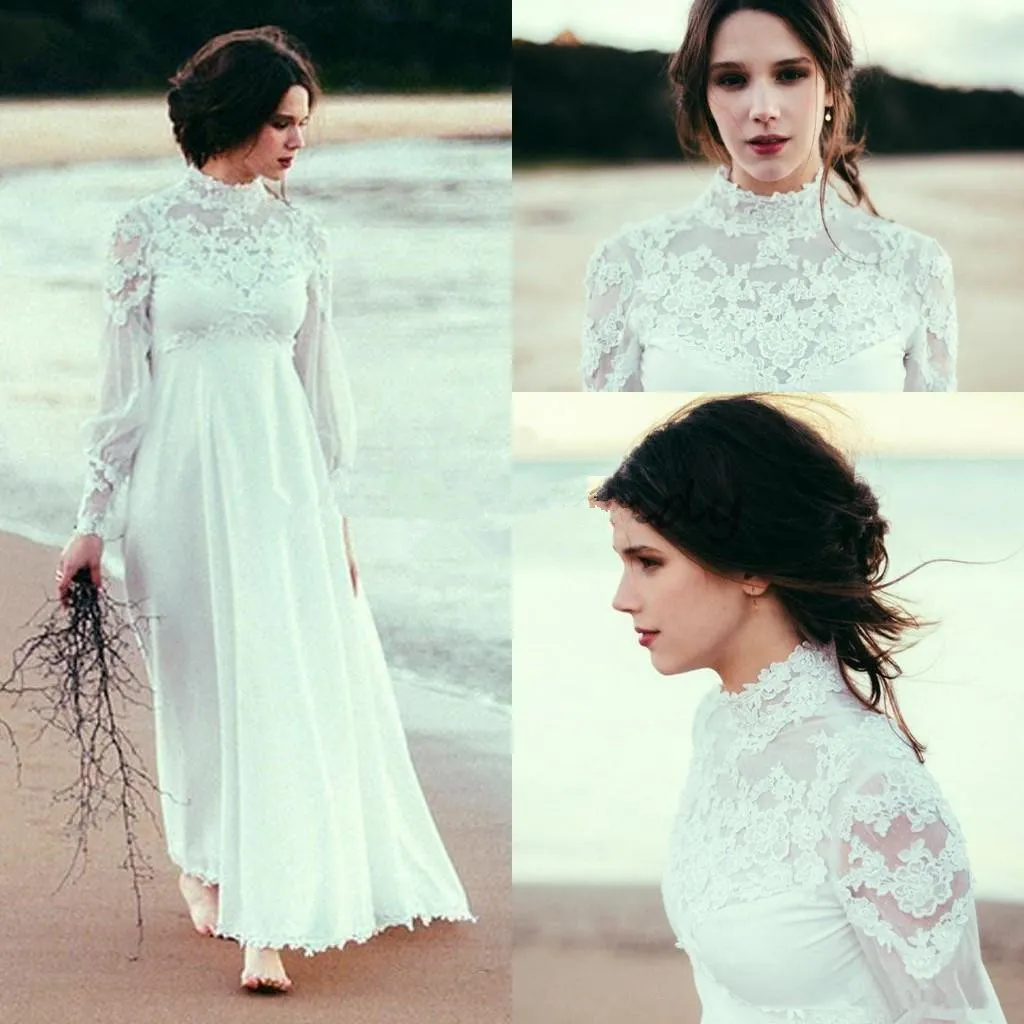 Boho High Neck Long Sleeves Bröllopsklänningar 2018 Lace Chiffon Empire Waist Ankel Length Beach Bröllopsklänning