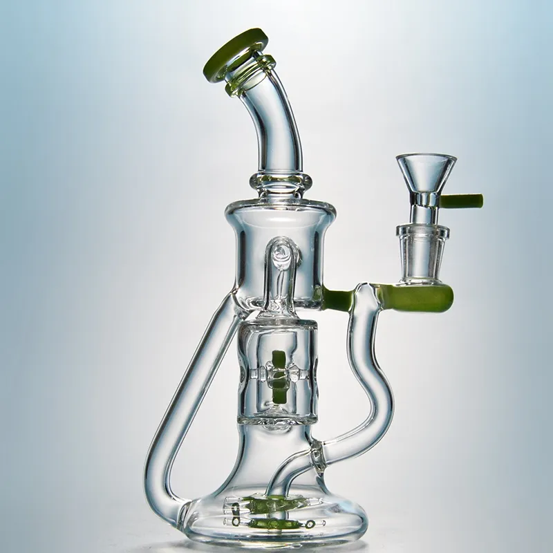 Narghilè unici Bong in vetro verde viola Doppio riciclatore Tubi dell'acqua Elica Spinning Percolater Perc Oil Rigs 14mm Joint Dab Rig