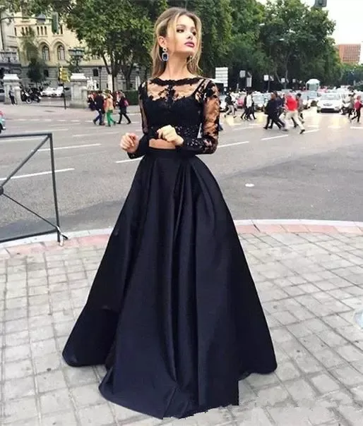 2018 New Black Cheap Two Pieces Prom Dresses Sheer Long Sleeves Lace Top Satin A line Floor Length Evening Dresses Q83