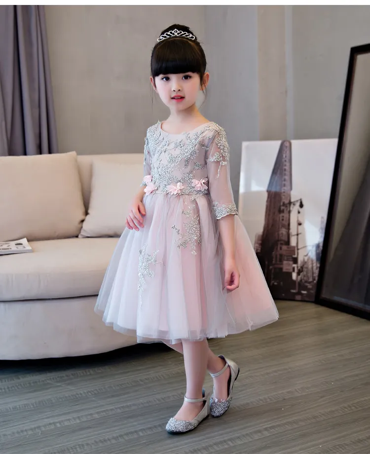 vestidos de daminha Girls Pink Mesh Wedding Party Dress Beaded Appliques Flower Girl Dresses for First Communion Dress