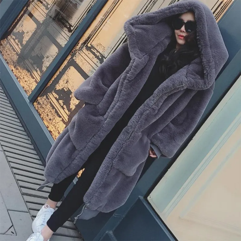 Inverno Caldo con cappuccio Taglia grande Lunghezza media Tinta unita Pelliccia Pelliccia sintetica Donna 2018 Nuovo cappotto casual da donna a manica lunga