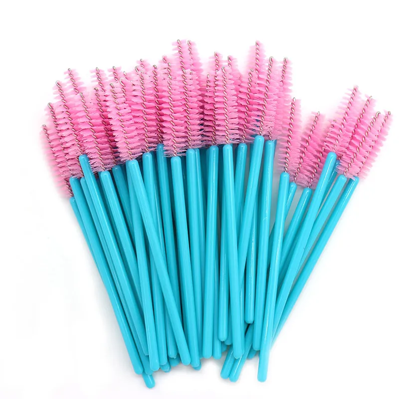 Bacchette mascara usa e getta Manico blu Spazzole ciglia rosa 500 pezzi / lotto Spazzole trucco in nylon Strumenti l'estensione delle ciglia