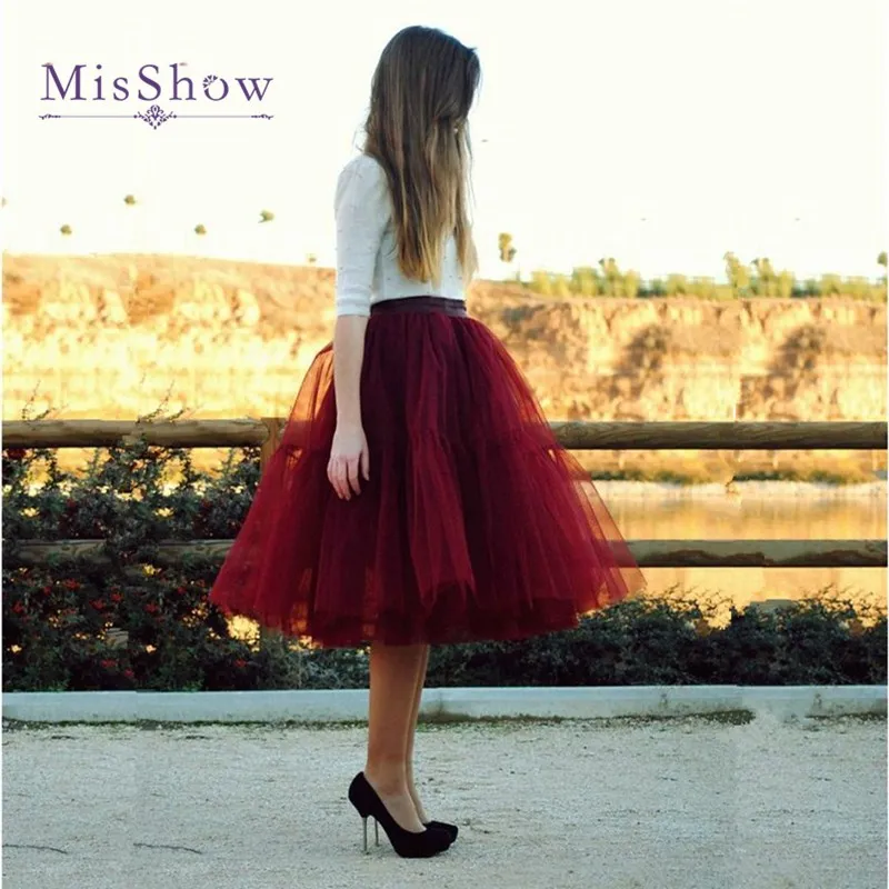 Puffy Skirts Womens 6 Layers Midi Tulle Skirt Burgundy Red Tutu Skirts Women Ball Gown Party Petticoat 2018 Lolita Faldas Saia