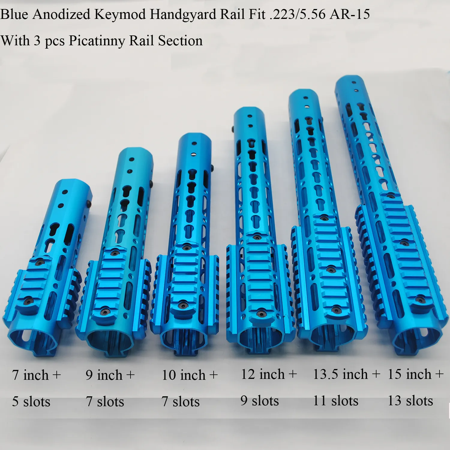 Niebieski anodowany 7/9/10 / 12 / 13,5 / 15 '' Keymod Handguard Rail z 3 x Picatinny / tkacz Sekcje kolejowe + aluminiowa nakrętka beczki