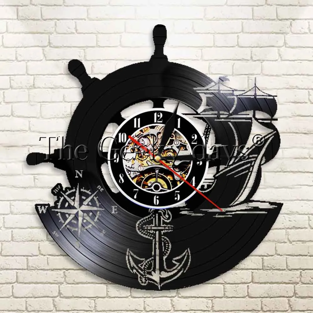 1Piece Anchor Ship Bussola navale Orologio da parete personalizzato Marinai Wall Art Music Record Orologio regalo per i viaggiatori