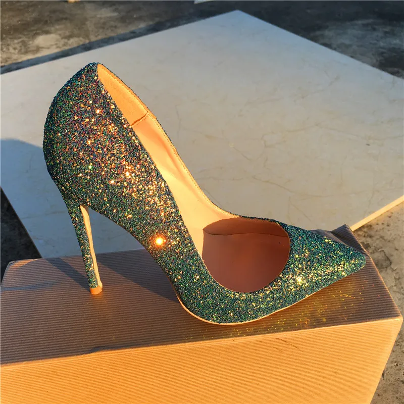 New style magic green sequins, fine with sharp pointed shoes, fashionable sexy sexy women`s shoes, customized 33-45 yards.