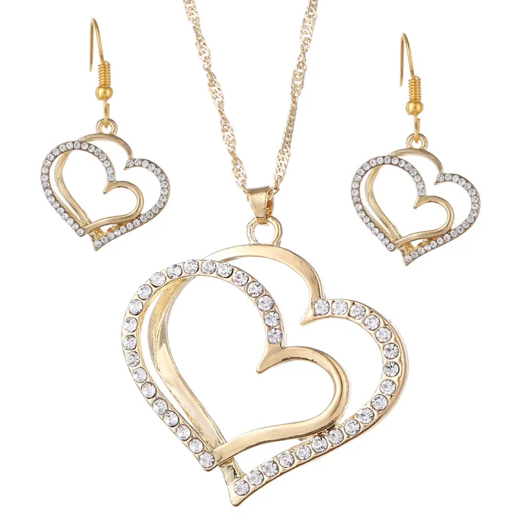 Fashion High Quality 925 Silver Double Love Heart Diamond jewelry Zircon Crystal Earring Necklace Set Valentine's Day Holiday Gifts HJ231