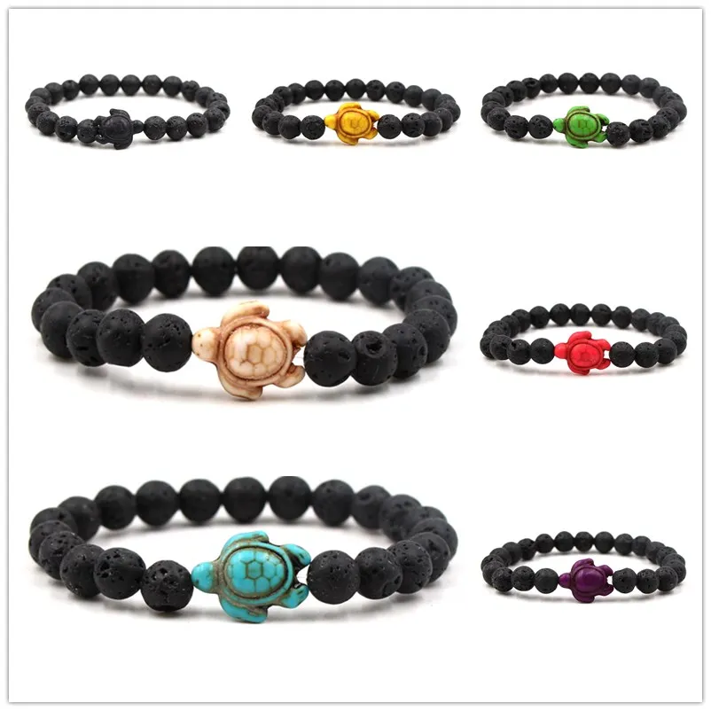 Tortoise Charms 8mm Naturlig Svart Lava Stone Beads Armband Eterisk Olja Parfym Diffuser Armband Stretch Yoga Smycken